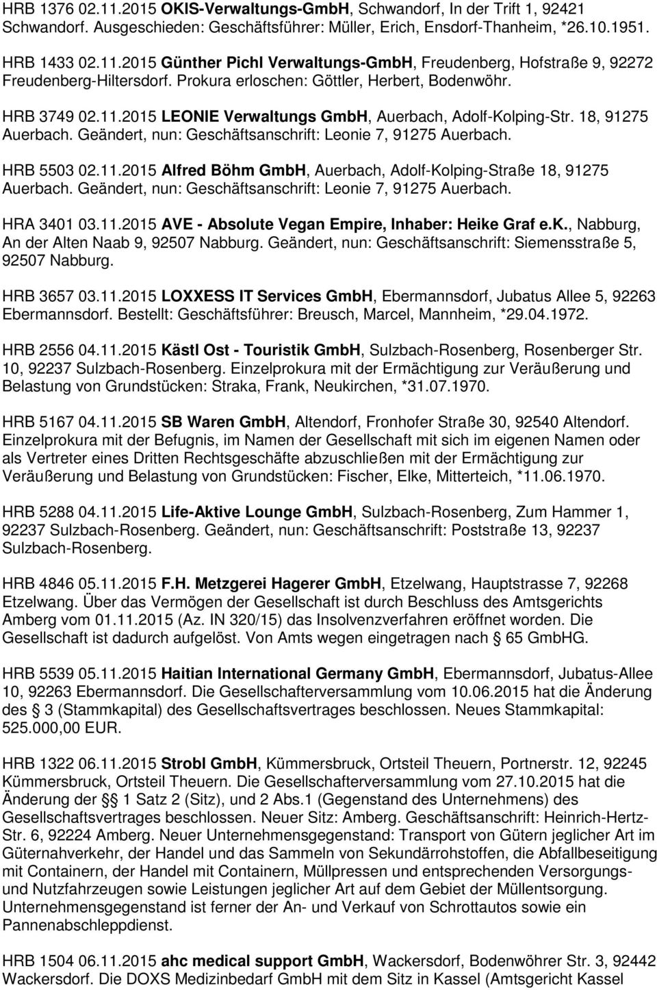 Geändert, nun: Geschäftsanschrift: Leonie 7, 91275 Auerbach. HRB 5503 02.11.2015 Alfred Böhm GmbH, Auerbach, Adolf-Kolping-Straße 18, 91275 Auerbach.
