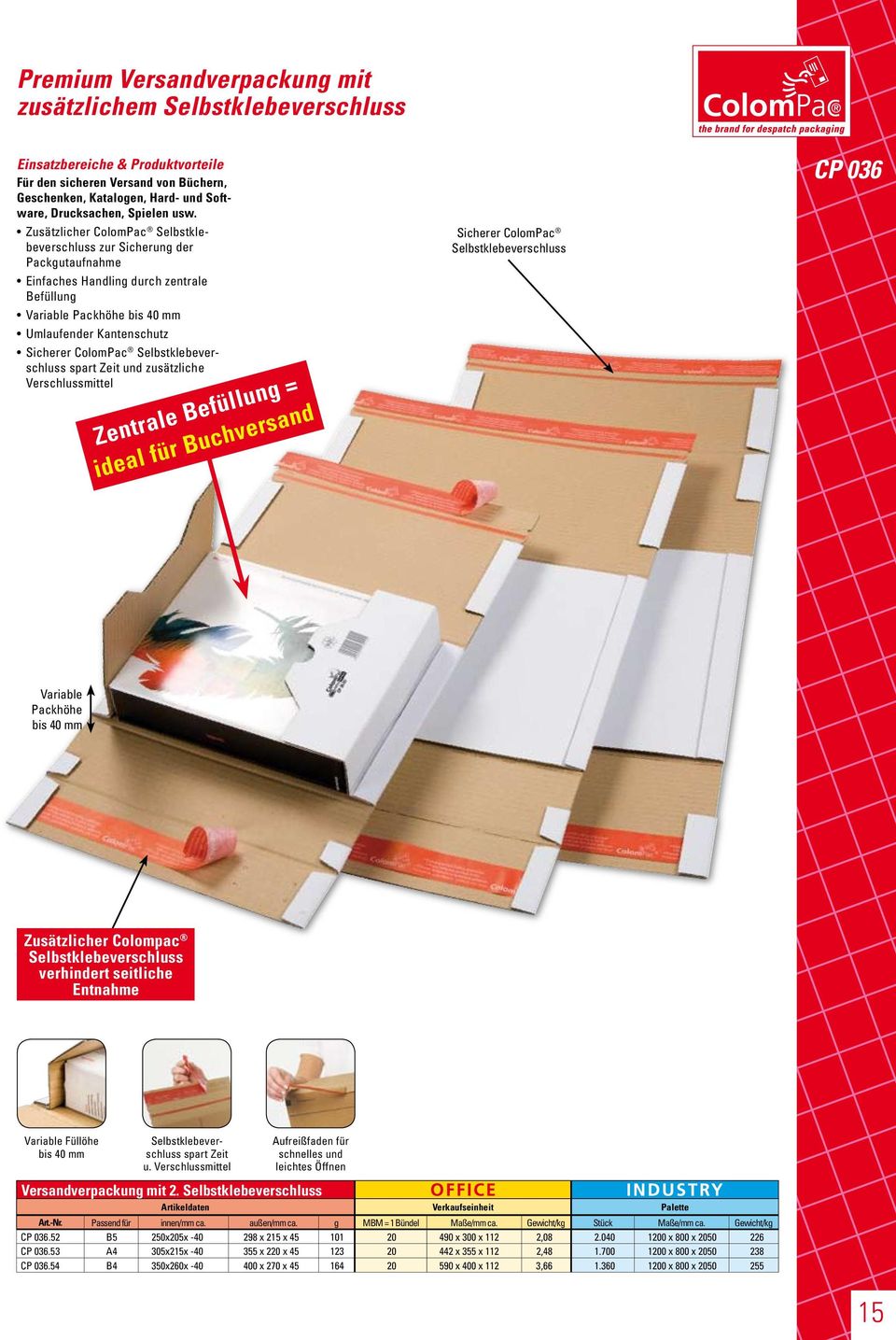 Verschlussmittel Zentrale Befüllung = ideal für Buchversand Sicherer ColomPac CP 036 Variable Packhöhe bis 40 mm Zusätzlicher Colompac verhindert seitliche Entnahme Variable Füllöhe bis 40 mm spart