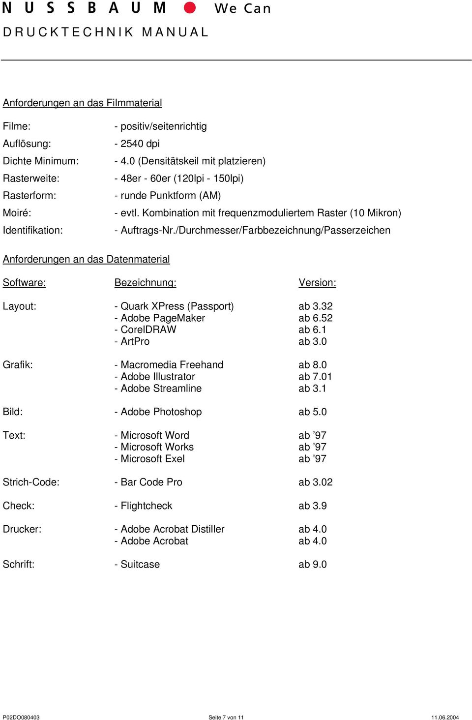 /Durchmesser/Farbbezeichnung/Passerzeichen Anforderungen an das Datenmaterial Software: Bezeichnung: Version: Layout: - Quark XPress (Passport) ab 3.32 - Adobe PageMaker ab 6.52 - CorelDRAW ab 6.