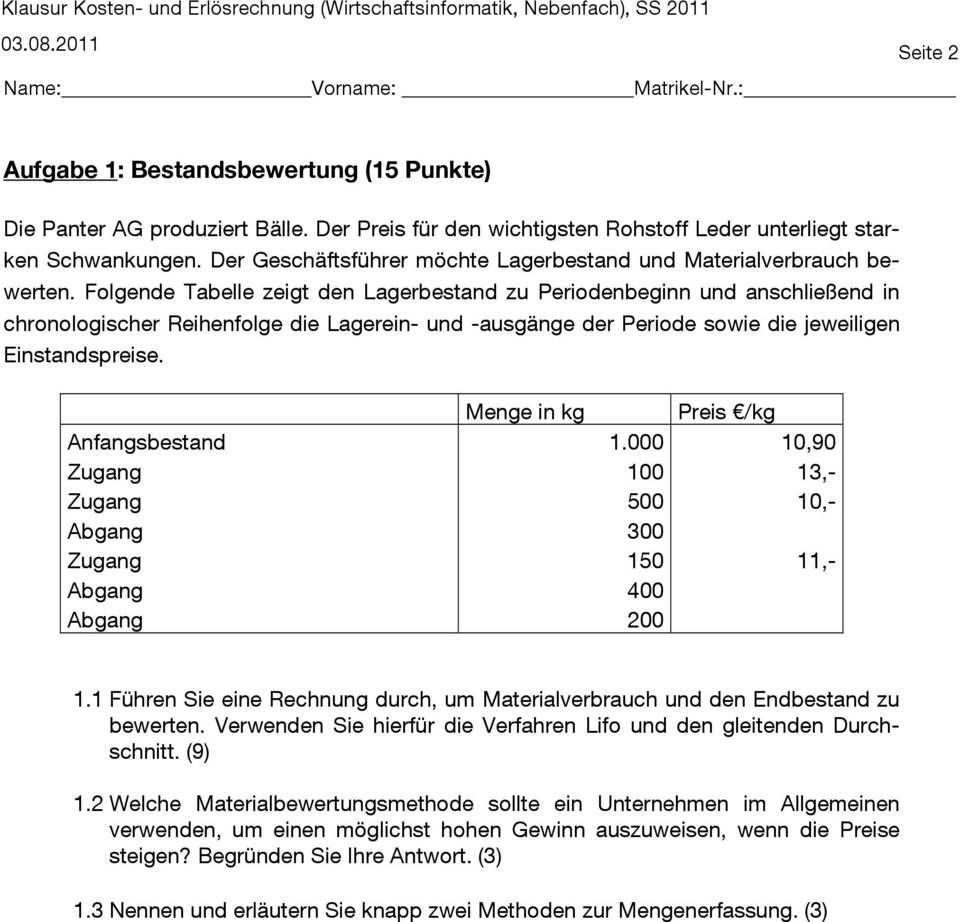 Folgende Tabelle zeigt den Lagerbestand zu Periodenbeginn und anschließend in chronologischer Reihenfolge die Lagerein- und -ausgänge der Periode sowie die jeweiligen Einstandspreise.