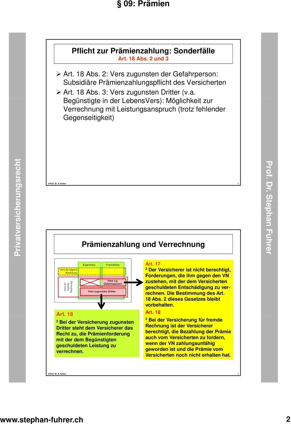 18 3 Bei der Versicherung zugunsten Dritter steht dem Versicherer das Recht zu, die Prämienforderung mit der dem Begünstigten geschuldeten Leistung zu verrechnen. Art.