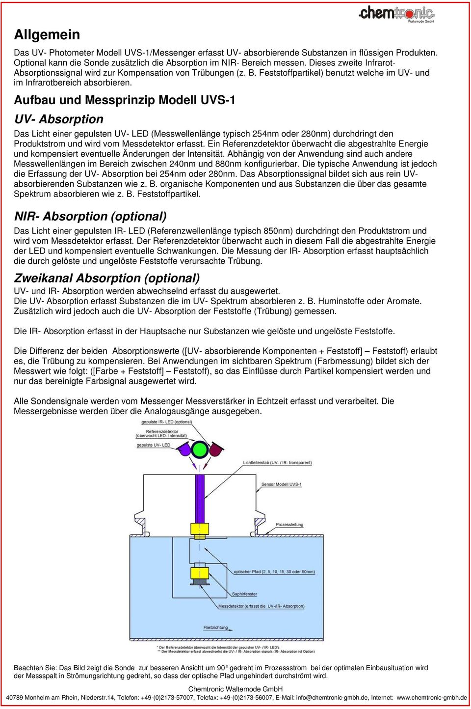 Aufbau und Messprinzip Modell UVS-1 UV- Absorption Das Licht einer gepulsten UV- LED (Messwellenlänge typisch 254nm oder 280nm) durchdringt den Produktstrom und wird vom Messdetektor erfasst.