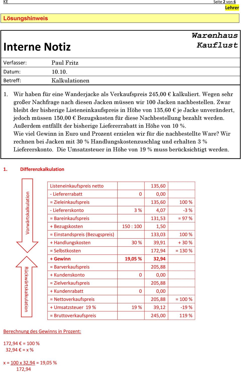 Zwar bleibt der bisherige Listeneinkaufspreis in Höhe von 135,60 je Jacke unverändert, jedoch müssen 150,00 Bezugskosten für diese Nachbestellung bezahlt werden.