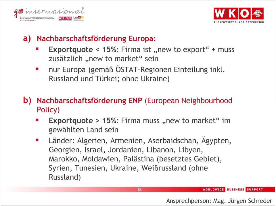 Russland und Türkei; ohne Ukraine) b) Nachbarschaftsförderung ENP (European Neighbourhood Policy) Exportquote > 15%: Firma muss new to market