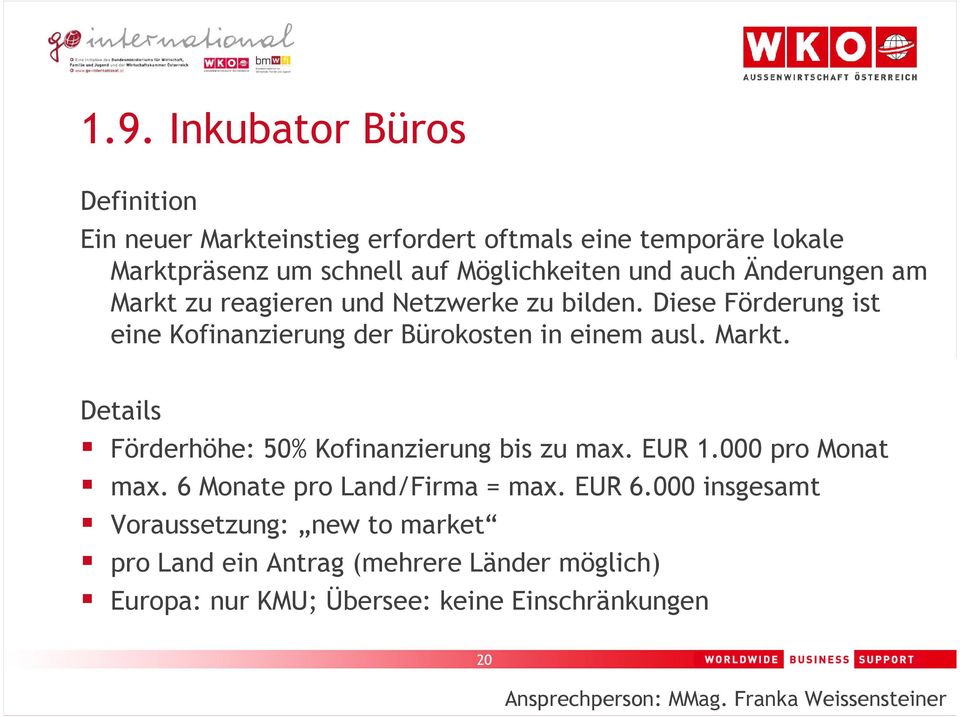 EUR 1.000 pro Monat max. 6 Monate pro Land/Firma = max. EUR 6.