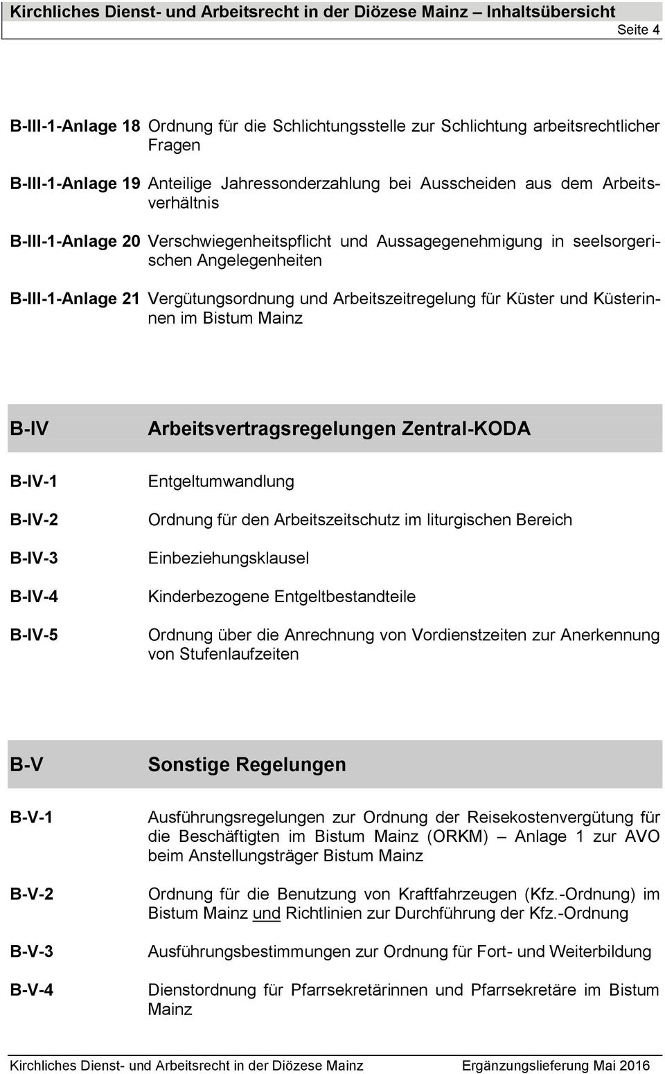 Vergütungsordnung und Arbeitszeitregelung für Küster und Küsterinnen im Bistum Mainz B-IV Arbeitsvertragsregelungen Zentral-KODA B-IV-1 B-IV-2 B-IV-3 B-IV-4 B-IV-5 Entgeltumwandlung Ordnung für den