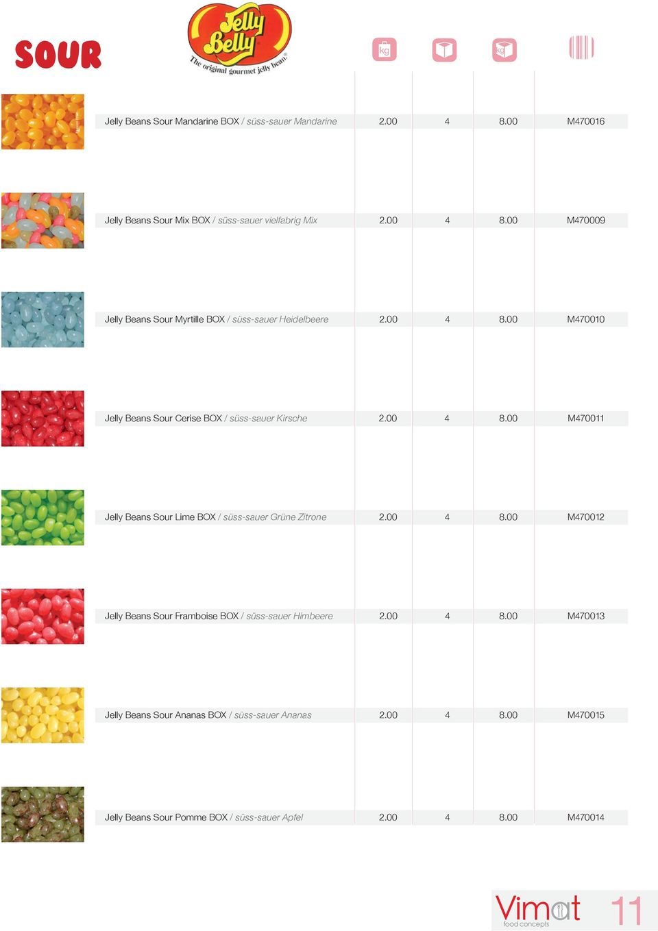 00 4 8.00 M470013 Jelly Beans Sour Ananas BOX / süss-sauer Ananas 2.00 4 8.00 M470015 Jelly Beans Sour Pomme BOX / süss-sauer Apfel 2.00 4 8.00 M470014 mat 11 Vfood concepts