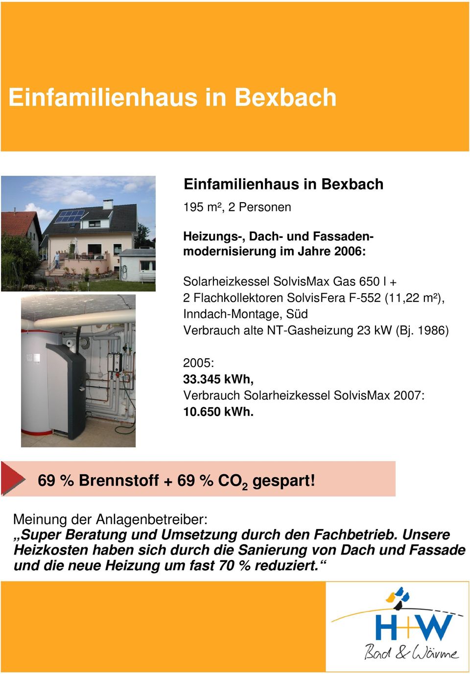 345 kwh, Verbrauch Solarheizkessel SolvisMax 2007: 10.650 kwh. 69 % Brennstoff + 69 % CO 2 gespart!