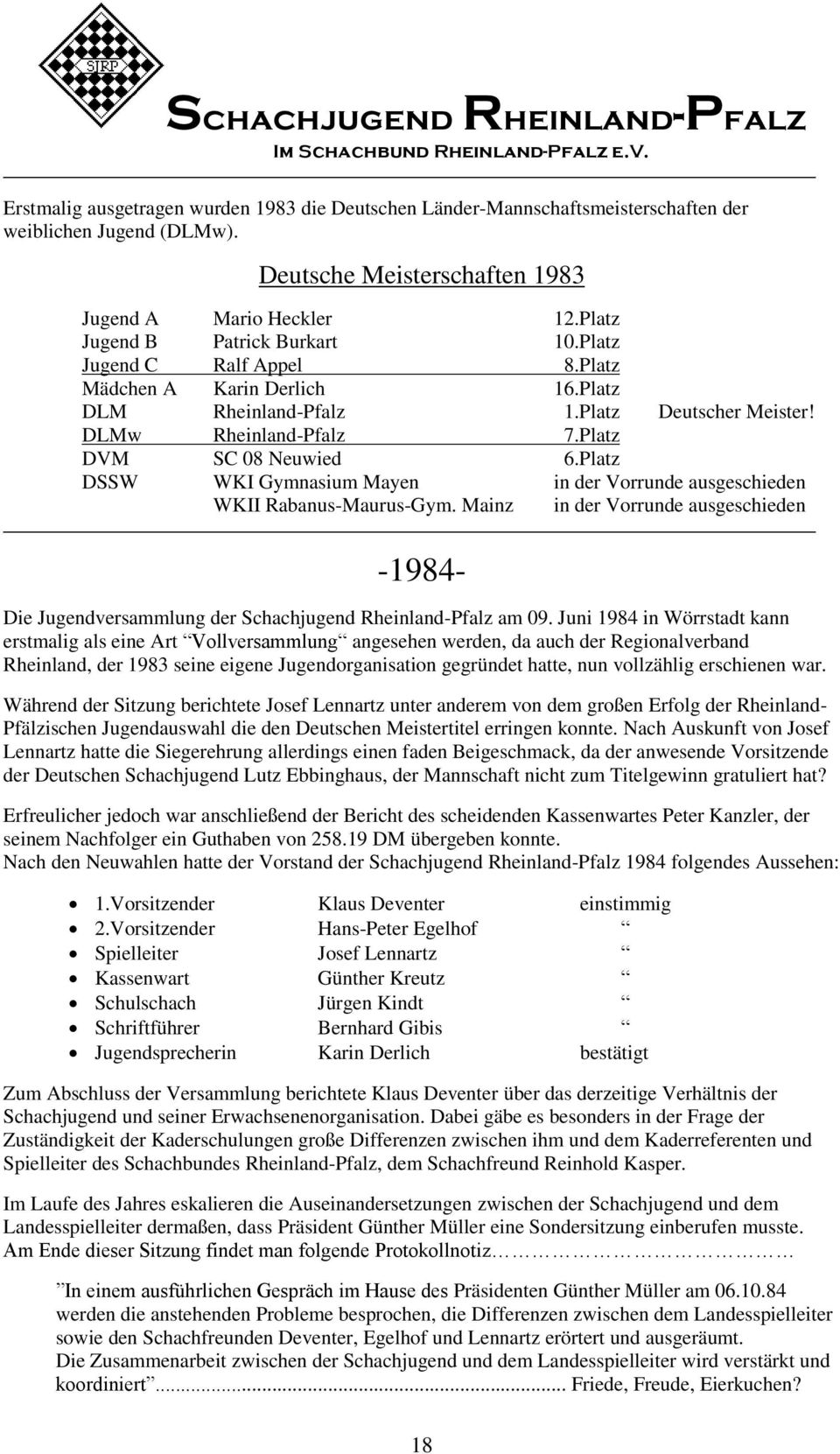 Platz DSSW WKI Gymnasium Mayen in der Vorrunde ausgeschieden WKII Rabanus-Maurus-Gym. Mainz in der Vorrunde ausgeschieden -1984- Die Jugendversammlung der Schachjugend Rheinland-Pfalz am 09.