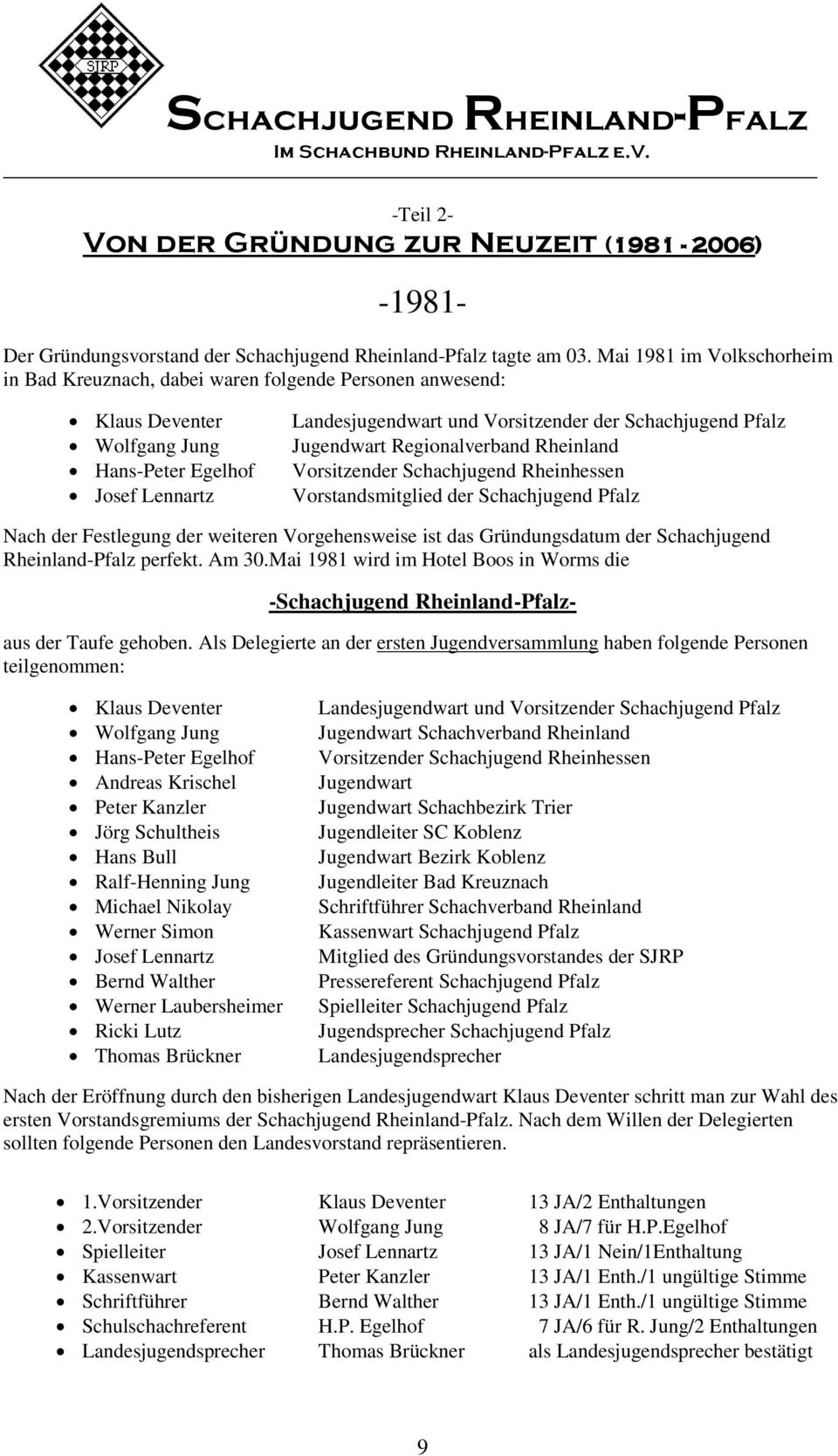 Pfalz Jugendwart Regionalverband Rheinland Vorsitzender Schachjugend Rheinhessen Vorstandsmitglied der Schachjugend Pfalz Nach der Festlegung der weiteren Vorgehensweise ist das Gründungsdatum der