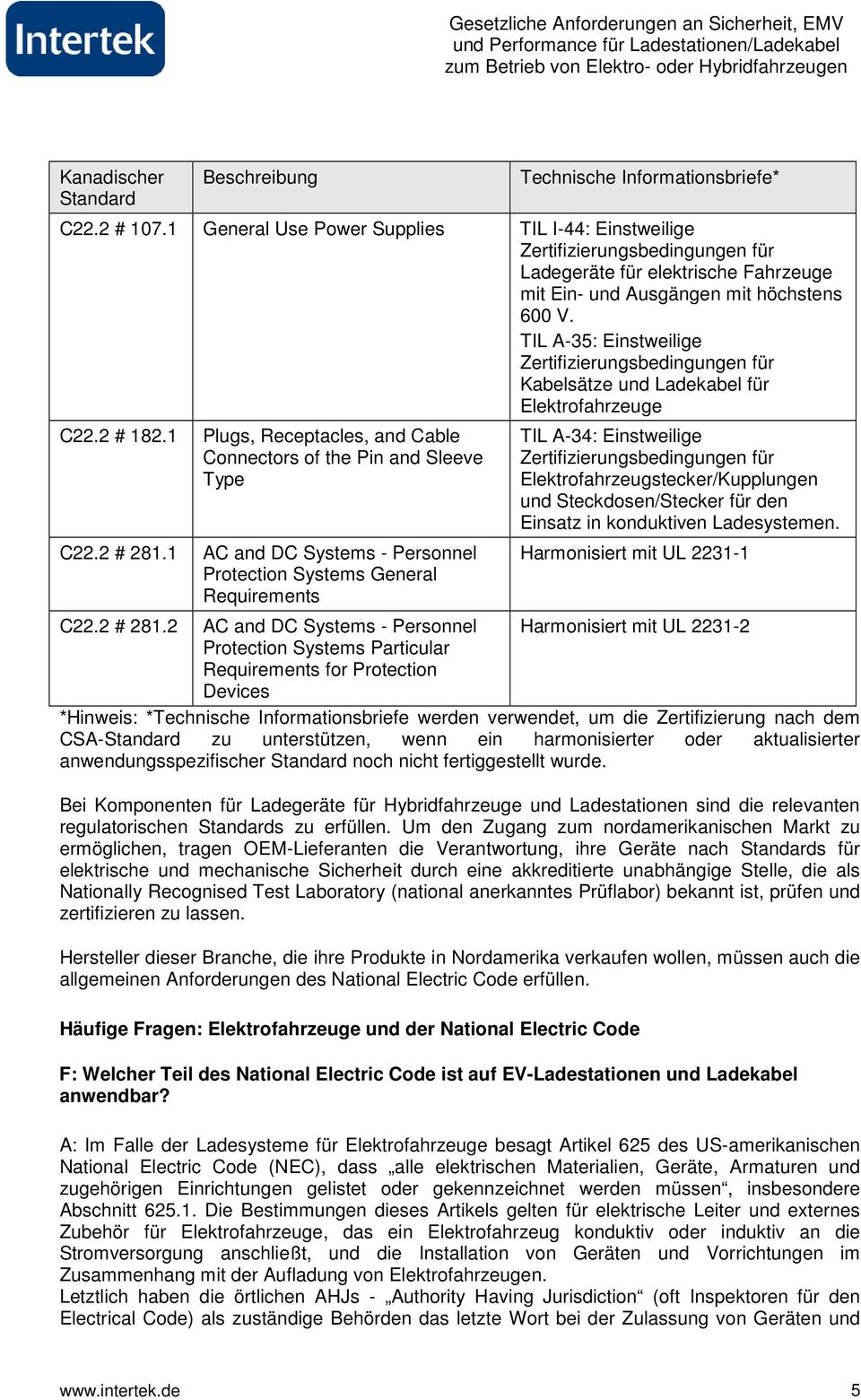 TIL A-35: Einstweilige Zertifizierungsbedingungen für Kabelsätze und Ladekabel für Elektrofahrzeuge C22.2 # 182.1 Plugs, Receptacles, and Cable Connectors of the Pin and Sleeve Type C22.2 # 281.