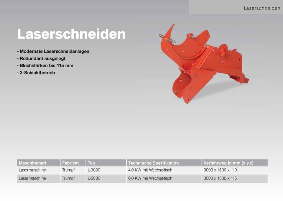 Spezifikation Verfahrweg in mm (x,y,z) Lasermaschine Trumpf L-3030 4,0 KW mit