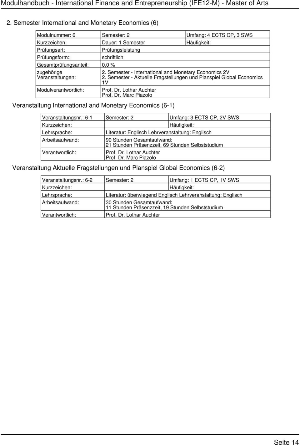 : 6-1 Semester: 2 Umfang: 3 ECTS CP, 2V SWS Literatur: Englisch Lehrveranstaltung: Englisch 90 Stunden Gesamtaufwand: 21 Stunden Präsenzzeit, 69 Stunden Selbststudium Prof. Dr. Lothar Auchter Prof.