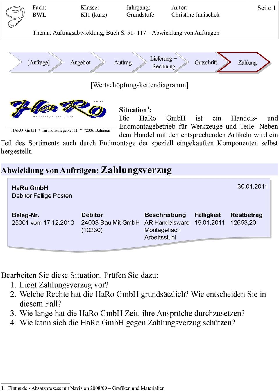 hergestellt. Abwicklung von Aufträgen: Zahlungsverzug HaRo GmbH Debitor Fällige Posten 30.01.2011 Beleg-Nr. 25001 vom 17.12.