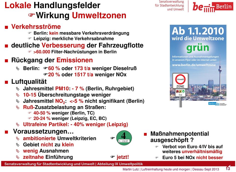 Überschreitungstage weniger Jahresmittel NO 2 : <-5 % nicht signifikant (Berlin) Ruß-Zusatzbelastung an Straßen: 40-50 % weniger (Berlin, TC) 20-24 % weniger (Leipzig, EC, BC) Ultrafeine Partikel: -