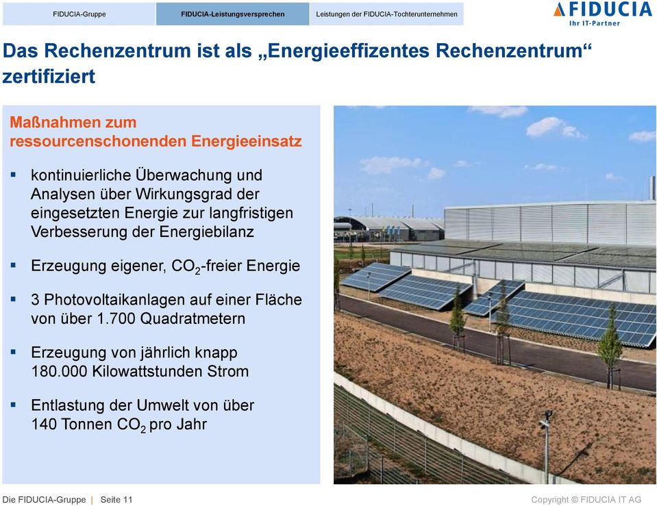 Energiebilanz Erzeugung eigener, CO 2 -freier Energie 3 Photovoltaikanlagen auf einer Fläche von über 1.