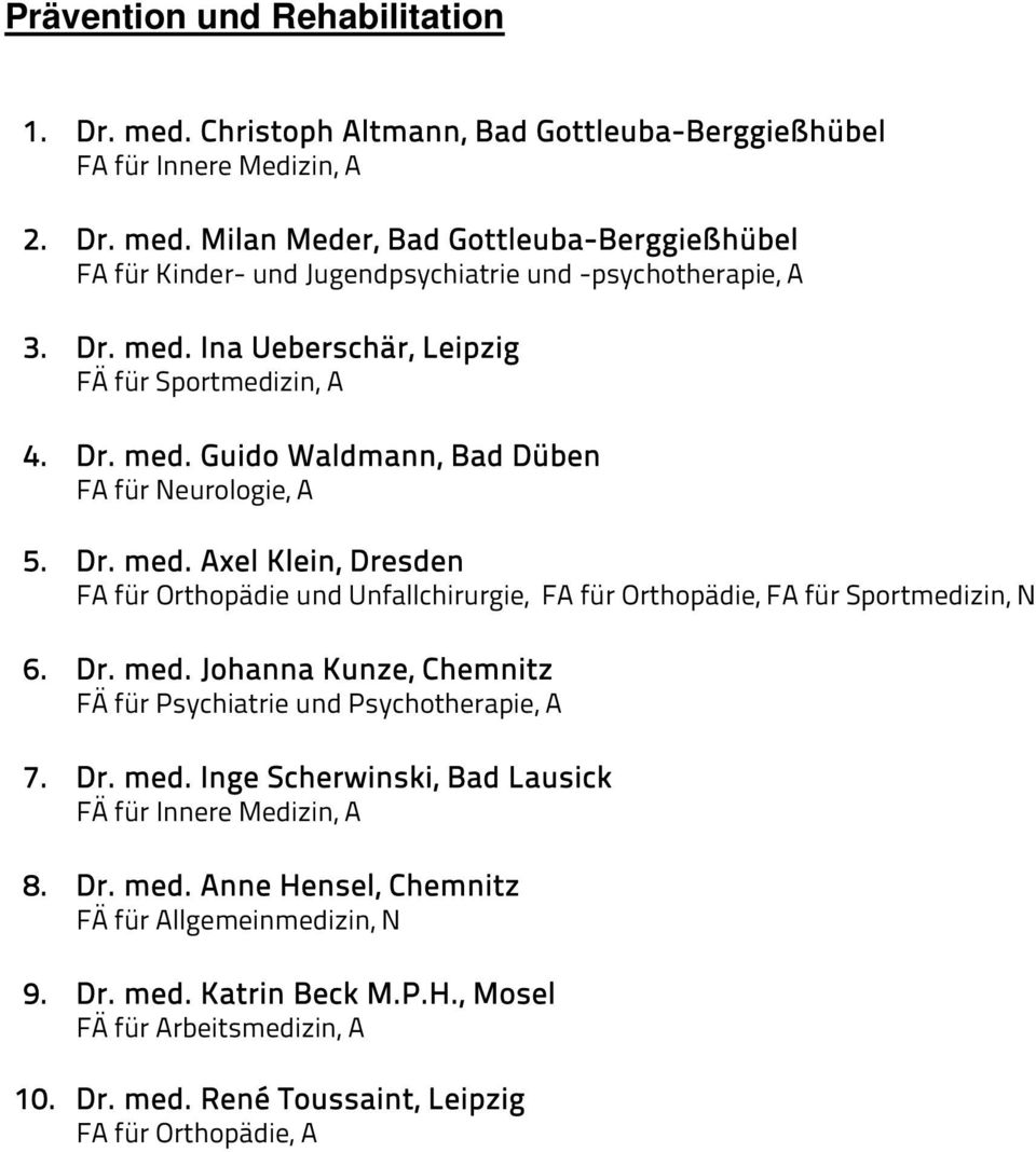 Dr. med. Johanna Kunze, Chemnitz FÄ für Psychiatrie und Psychotherapie, A 7. Dr. med. Inge Scherwinski, Bad Lausick FÄ für Innere Medizin, A 8. Dr. med. Anne Hensel, Chemnitz FÄ für Allgemeinmedizin, N 9.