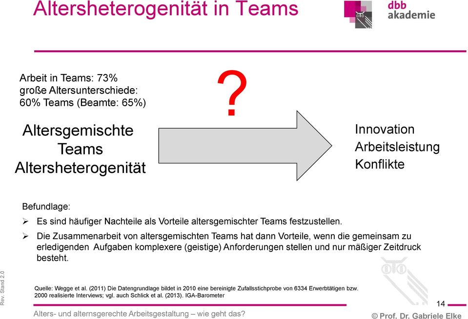 Die Zusammenarbeit von altersgemischten Teams hat dann Vorteile, wenn die gemeinsam zu erledigenden Aufgaben komplexere (geistige) Anforderungen stellen und nur