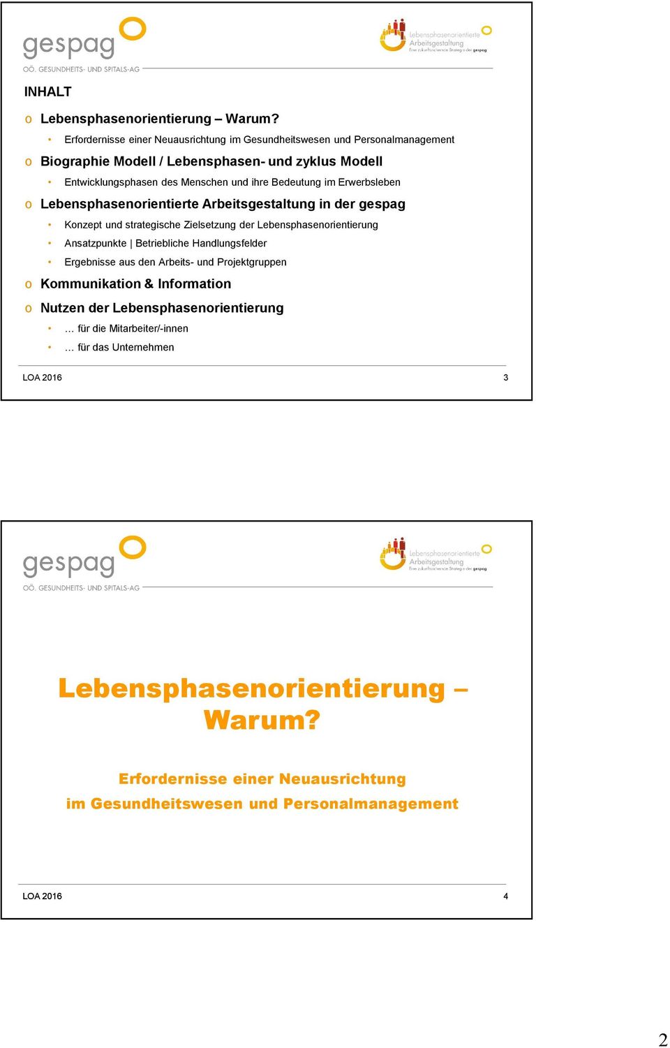 Bedeutung im Erwerbsleben o Lebensphasenorientierte Arbeitsgestaltung in der gespag Konzept und strategische Zielsetzung der Lebensphasenorientierung Ansatzpunkte