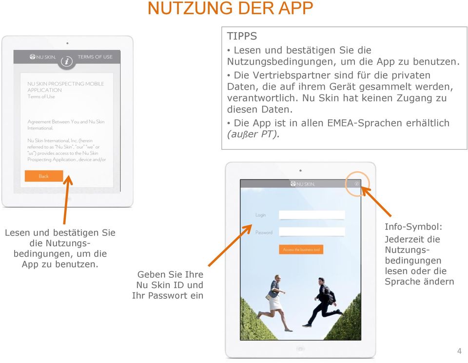 Nu Skin hat keinen Zugang zu diesen Daten. Die App ist in allen EMEA-Sprachen erhältlich (außer PT).