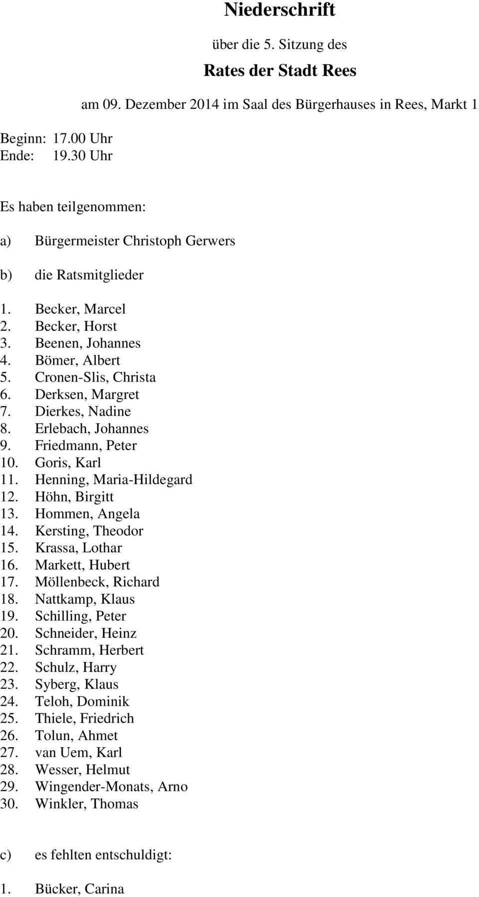 Bömer, Albert 5. Cronen-Slis, Christa 6. Derksen, Margret 7. Dierkes, Nadine 8. Erlebach, Johannes 9. Friedmann, Peter 10. Goris, Karl 11. Henning, Maria-Hildegard 12. Höhn, Birgitt 13.