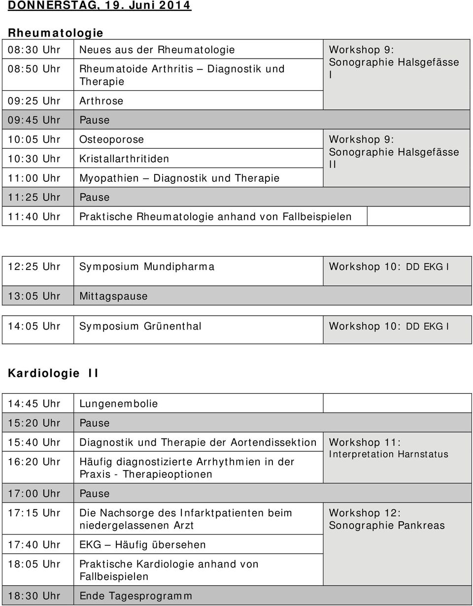 Workshop 9: 10:30 Uhr Kristallarthritiden Sonographie Halsgefässe II 11:00 Uhr Myopathien Diagnostik und Therapie 11:40 Uhr Praktische Rheumatologie anhand von 12:25 Uhr Symposium Mundipharma