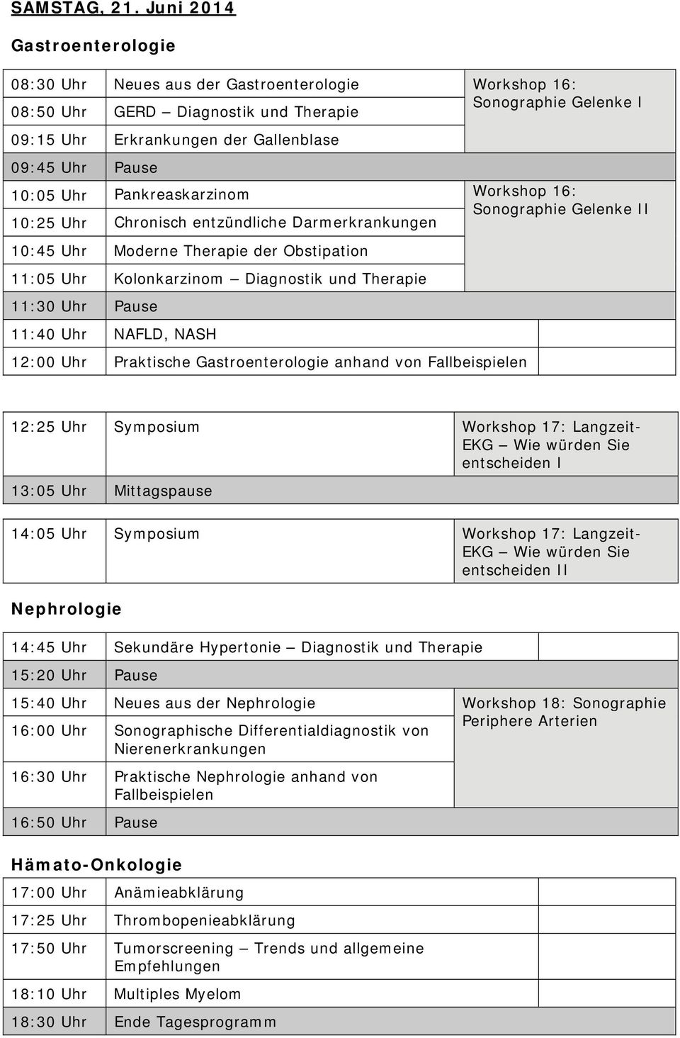 Pankreaskarzinom Workshop 16: Sonographie Gelenke II 10:25 Uhr Chronisch entzündliche Darmerkrankungen 10:45 Uhr Moderne Therapie der Obstipation 11:05 Uhr Kolonkarzinom Diagnostik und Therapie 11:30