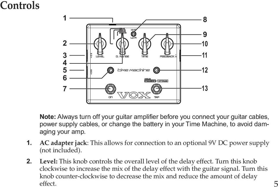 AC adapter jack: This allows for connection to an optional 9V DC power supply (not included). 2.