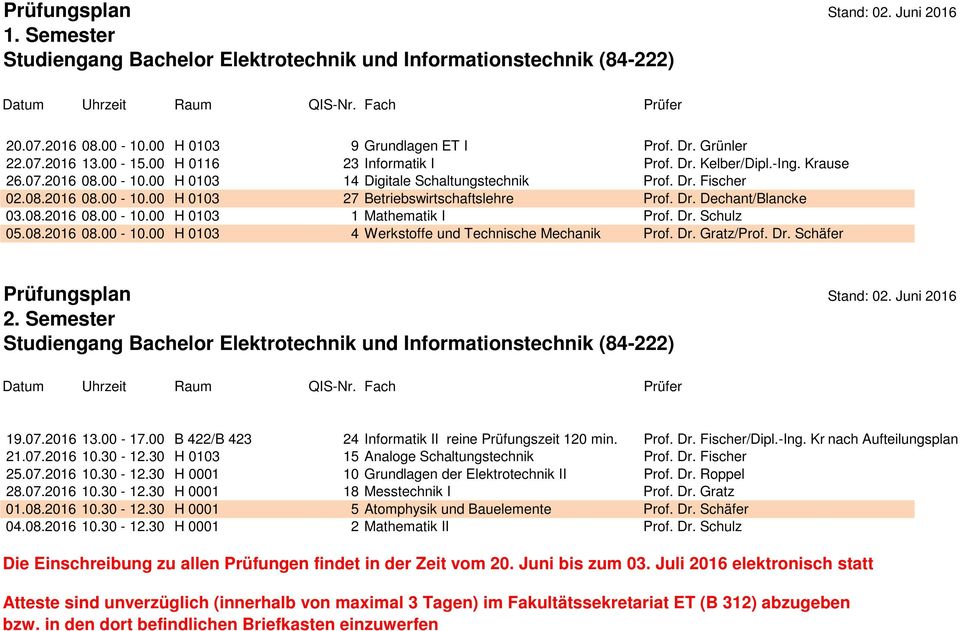 Dr. Dechant/Blancke 03.08.2016 08.00-10.00 H 0103 1 Mathematik I Prof. Dr. Schulz 05.08.2016 08.00-10.00 H 0103 4 Werkstoffe und Technische Mechanik Prof. Dr. Gratz/Prof. Dr. Schäfer Prüfungsplan Stand: 02.