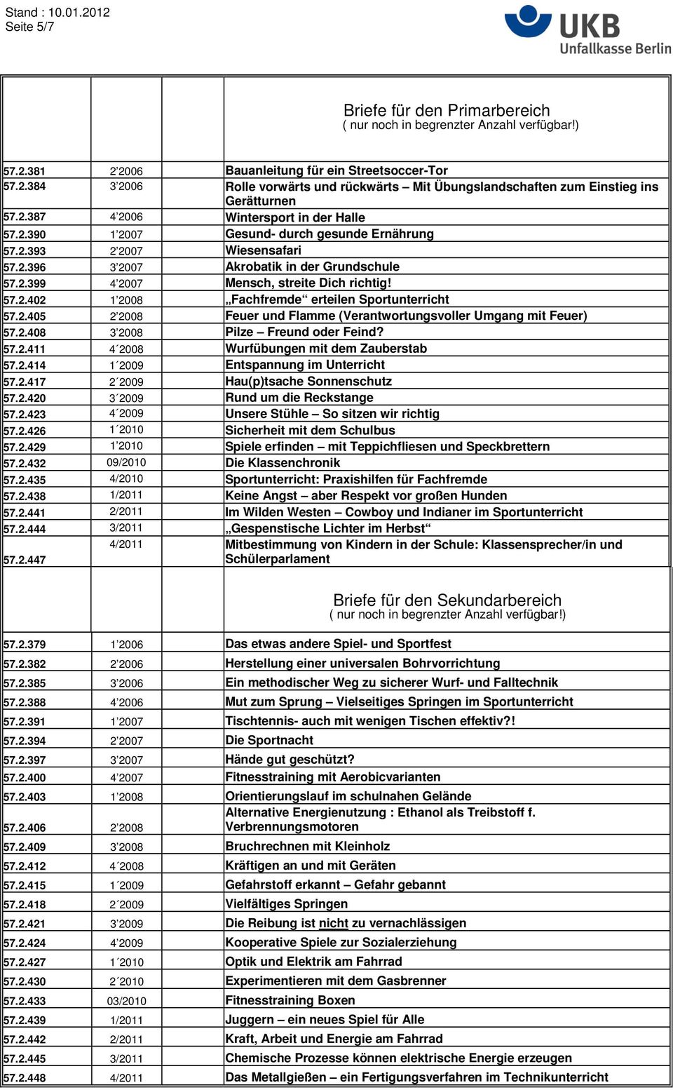 57.2.402 1 2008 Fachfremde erteilen Sportunterricht 57.2.405 2 2008 Feuer und Flamme (Verantwortungsvoller Umgang mit Feuer) 57.2.408 3 2008 Pilze Freund oder Feind? 57.2.411 4 2008 Wurfübungen mit dem Zauberstab 57.