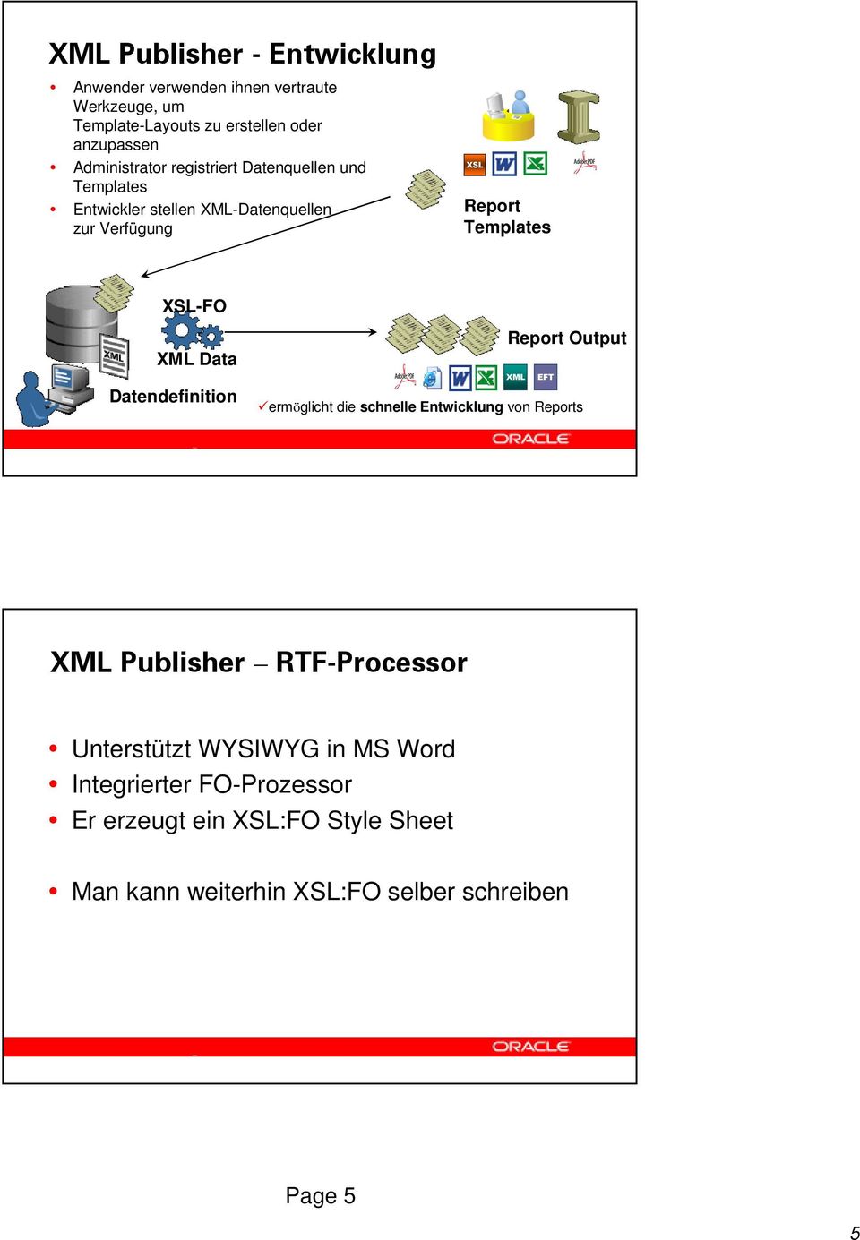 XSL-FO XML Data Datendefinition Report Output XML EFT ermöglicht die schnelle Entwicklung von Reports XML Publisher RTF-Processor