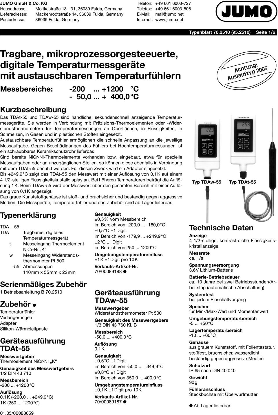 2510) Seite 1/6 Tragbare, mikroprozessorgesteeuerte, digitale Temperaturmessgeräte mit austauschbaren Temperaturfühlern Messbereiche: -200... +1200 C - 50,0.