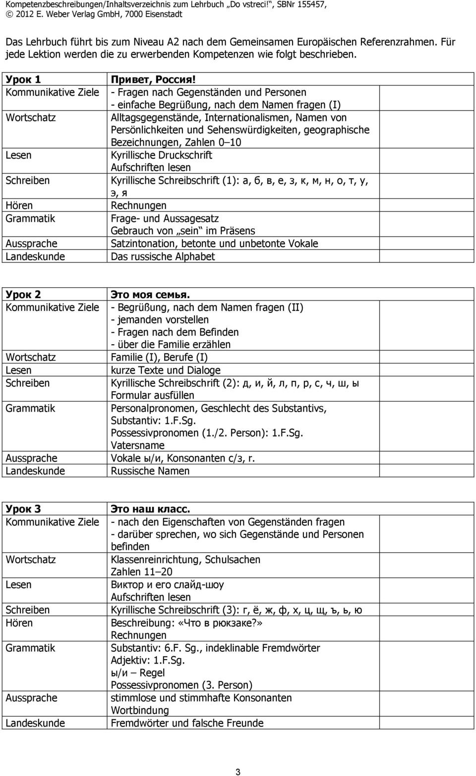 Bezeichnungen, Zahlen 0 10 Kyrillische Druckschrift Aufschriften lesen Kyrillische Schreibschrift (1): а, б, в, е, з, к, м, н, о, т, у, э, я Rechnungen Frage- und Aussagesatz Gebrauch von sein im