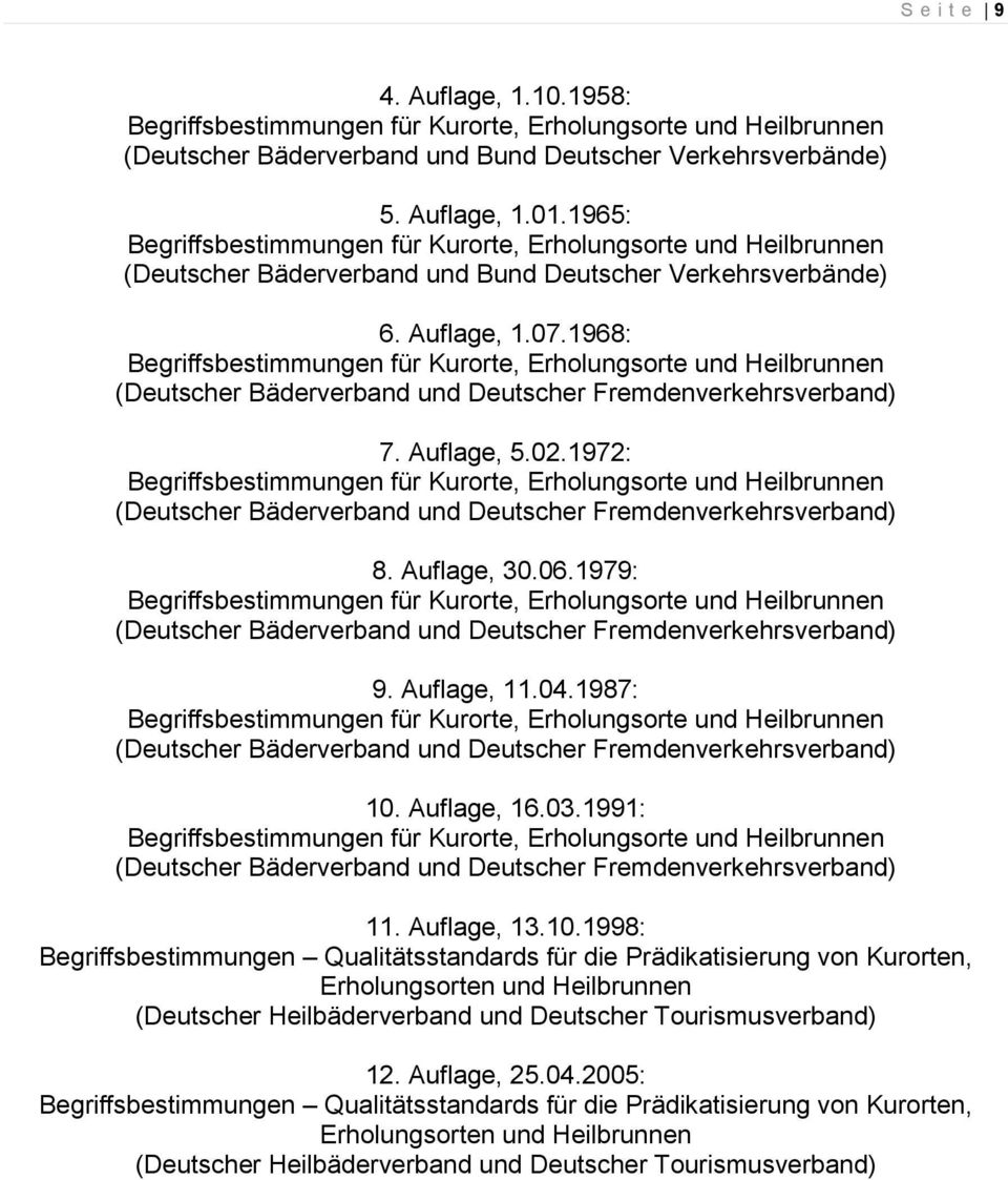 1968: Begriffsbestimmungen für Kurorte, Erholungsorte und Heilbrunnen (Deutscher Bäderverband und Deutscher Fremdenverkehrsverband) 7. Auflage, 5.02.