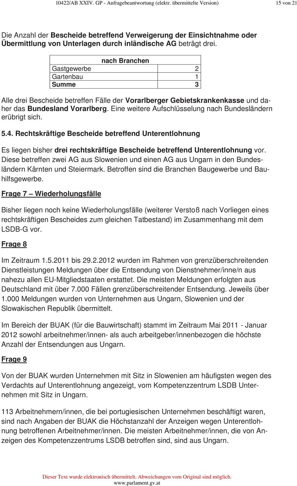 Gastgewerbe 2 Gartenbau 1 Summe 3 Alle drei Bescheide betreffen Fälle der Vorarlberger Gebietskrankenkasse und daher das Bundesland Vorarlberg.