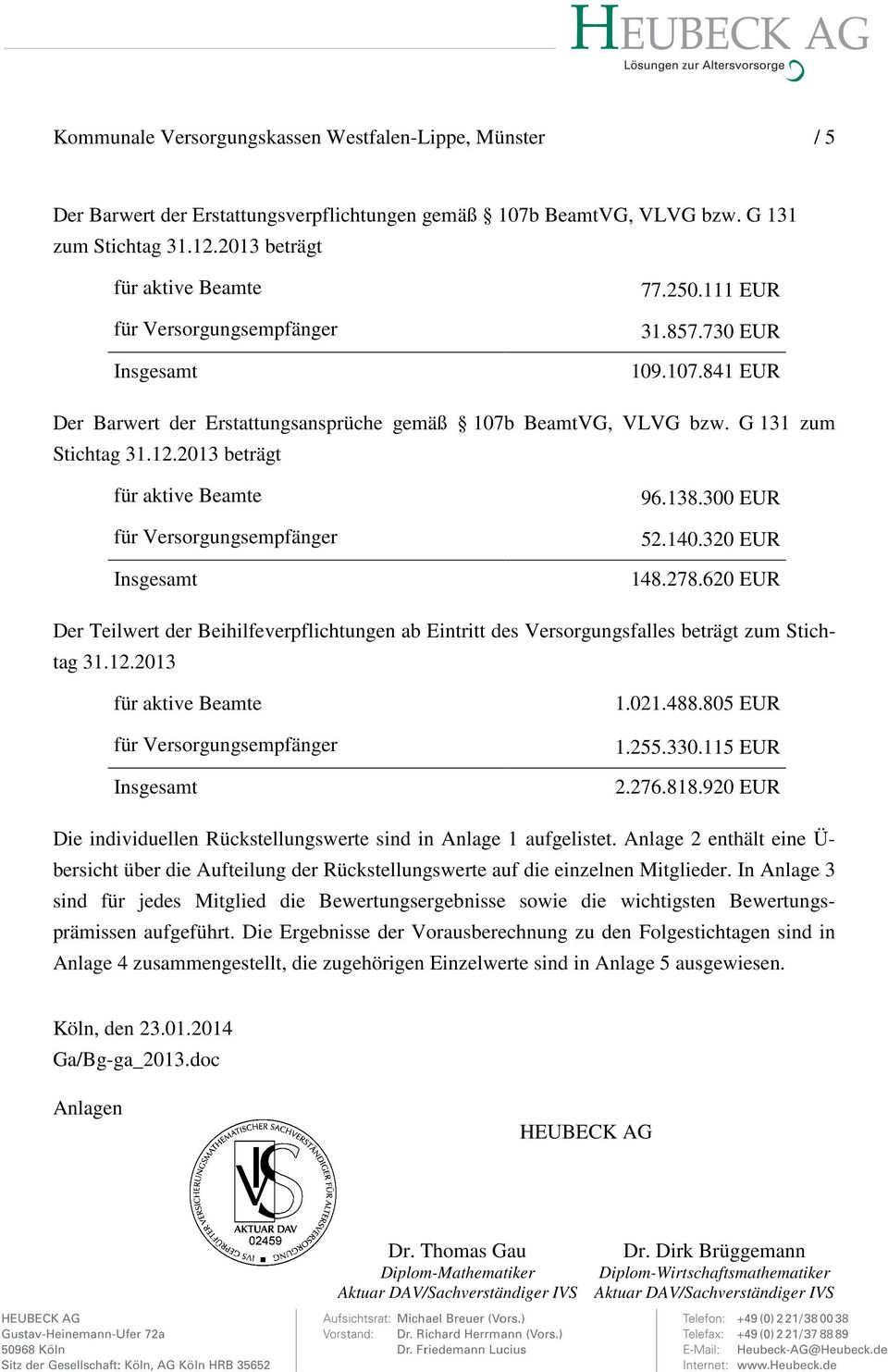 620 EUR Der Teilwert der Beihilfeverpflichtungen ab Eintritt des Versorgungsfalles beträgt zum Stichtag 31.12.2013 1.021.488.805 EUR 1.255.330.115 EUR 2.276.818.
