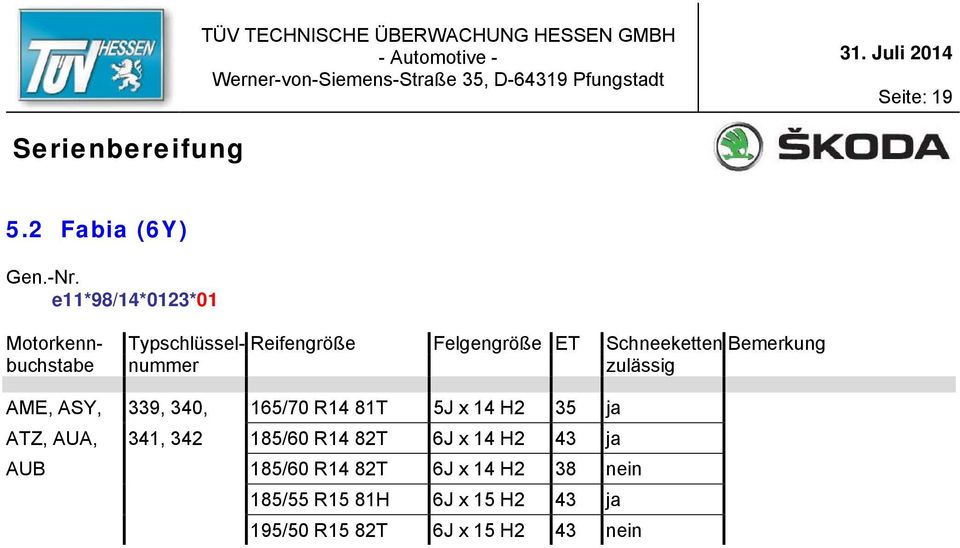 339, 340, 165/70 R14 81T 5J x 14 H2 35 ja ATZ, AUA, 341, 342 185/60