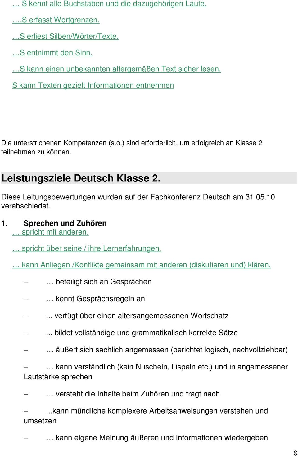 Diese Leitungsbewertungen wurden auf der Fachkonferenz Deutsch am 31.05.10 verabschiedet. 1. Sprechen und Zuhören spricht mit anderen. spricht über seine / ihre Lernerfahrungen.