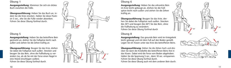 Übung 5 Ausgangsstellung: Heben Sie das betroffene Bein gestreckt an, drehen Sie die Fußspitze leicht nach außen und ziehen Sie die Zehen kräftig an.