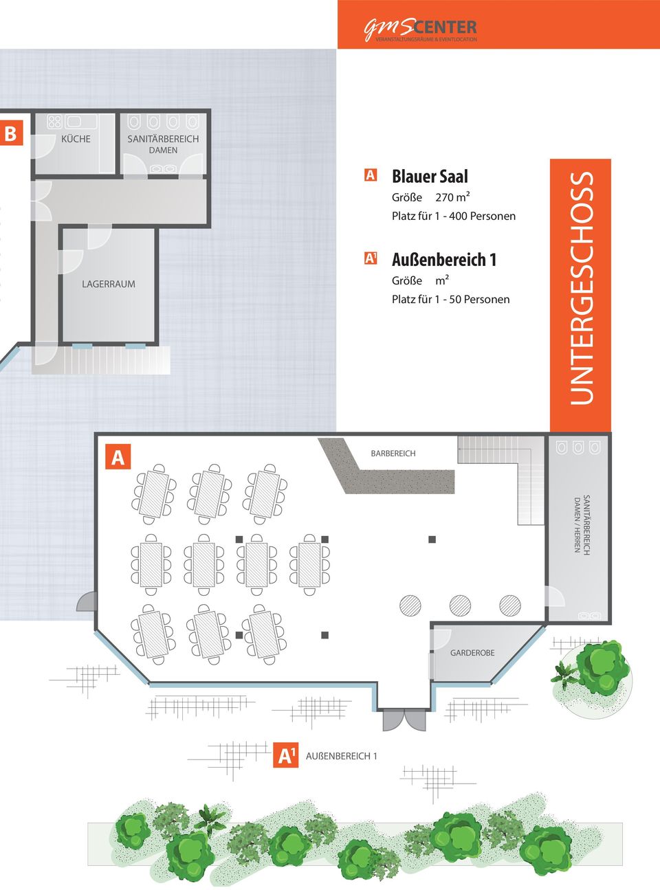 Größe m² Platz für 1-50 Personen UNTERGESCHOSS A