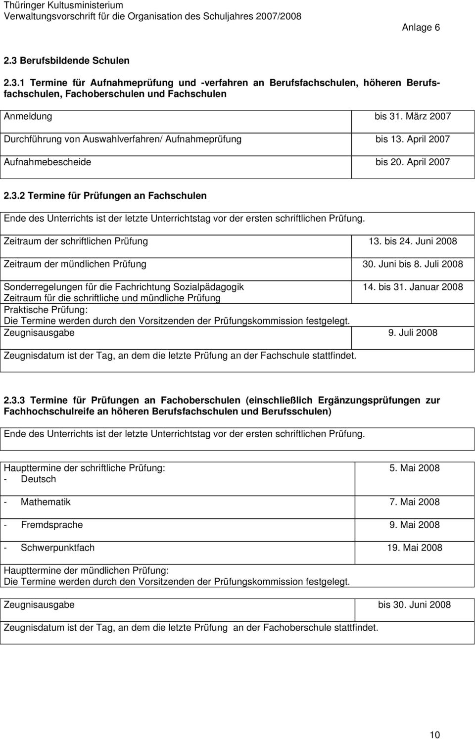 bis 24. Juni 2008 Zeitraum der mündlichen Prüfung 30. Juni bis 8. Juli 2008 Sonderregelungen für die Fachrichtung Sozialpädagogik 14. bis 31.