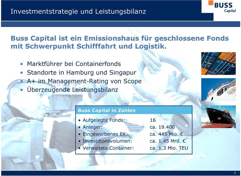 Marktführer bei Containerfonds Standorte in Hamburg und Singapur A+ im Management-Rating von Scope