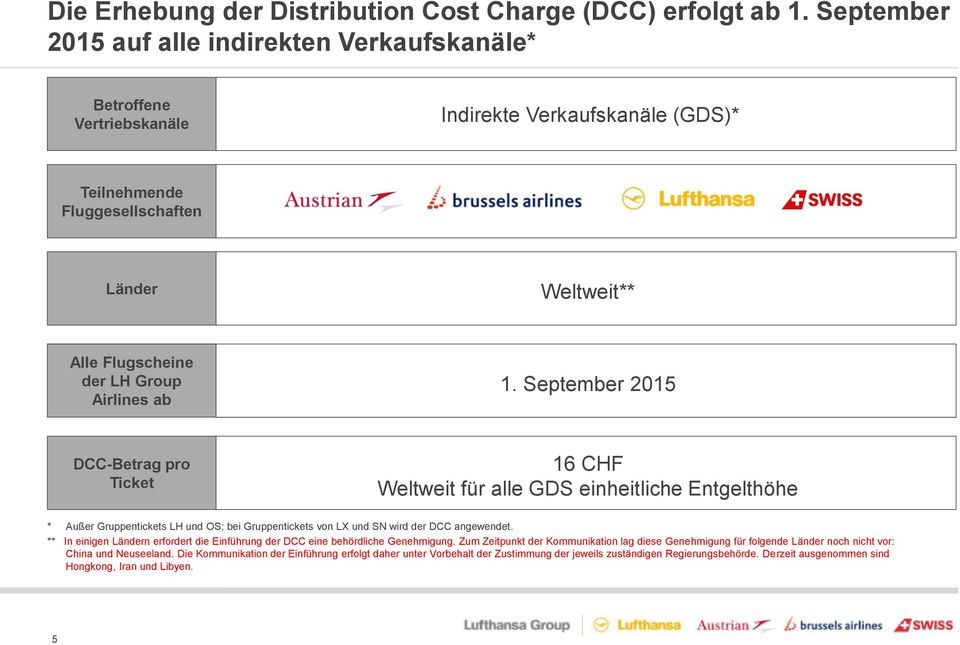 ab 1. September 2015 DCC-Betrag pro Ticket 16 CHF Weltweit für alle GDS einheitliche Entgelthöhe * Außer Gruppentickets LH und OS; bei Gruppentickets von LX und SN wird der DCC angewendet.