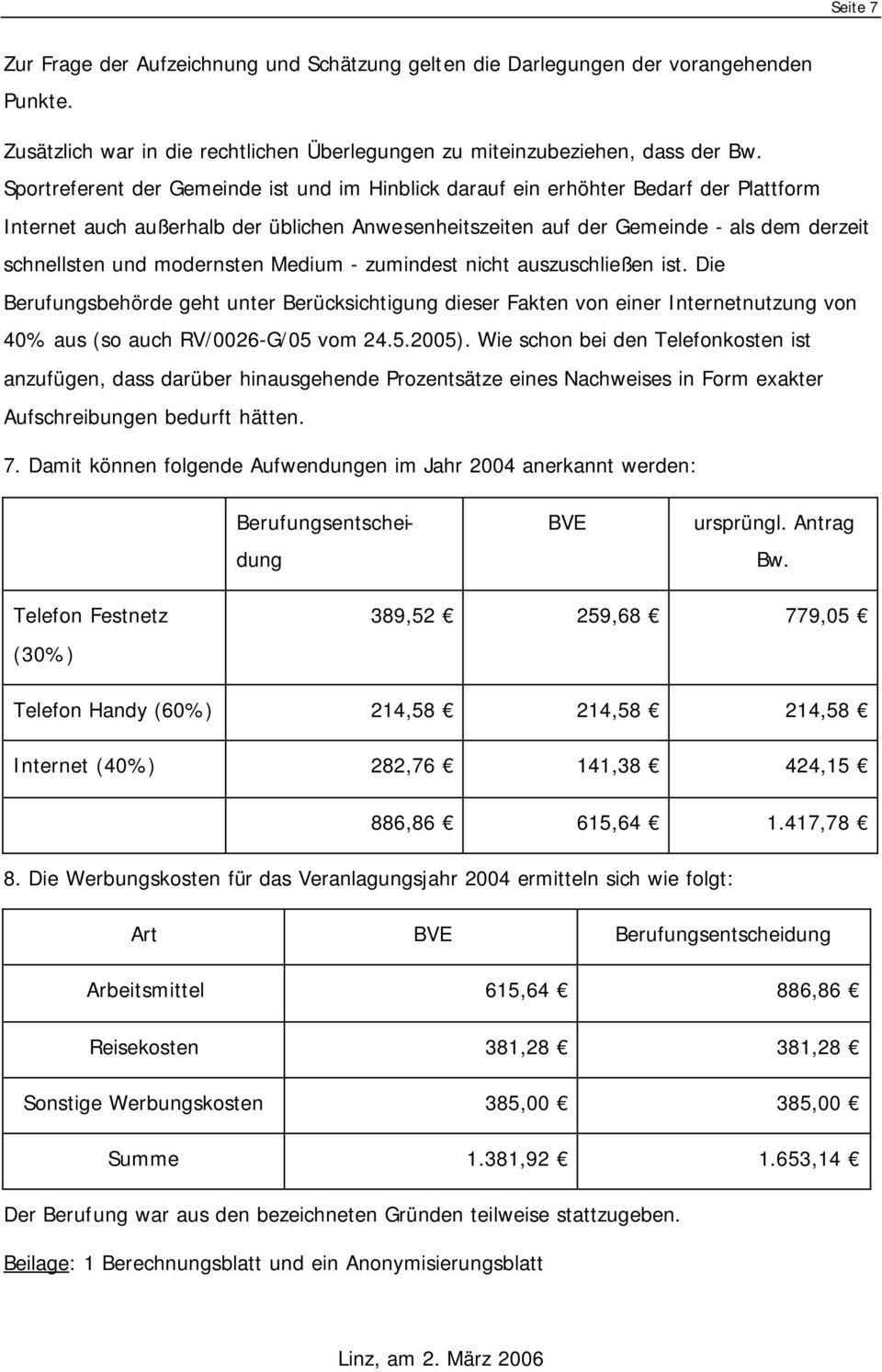 modernsten Medium - zumindest nicht auszuschließen ist. Die Berufungsbehörde geht unter Berücksichtigung dieser Fakten von einer Internetnutzung von 40% aus (so auch RV/0026-G/05 vom 24.5.2005).