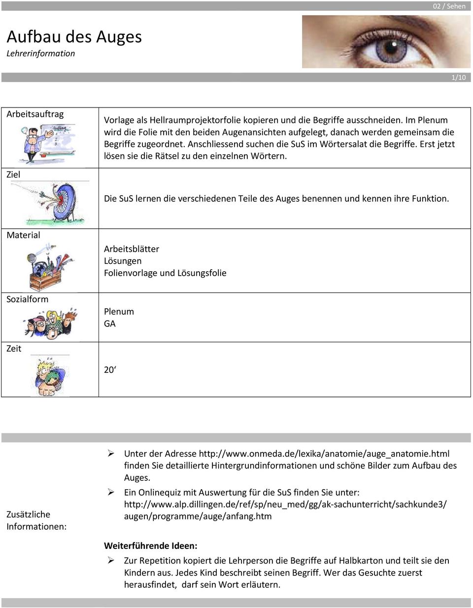 Erst jetzt lösen sie die Rätsel zu den einzelnen Wörtern. Ziel Die SuS lernen die verschiedenen Teile des Auges benennen und kennen ihre Funktion.