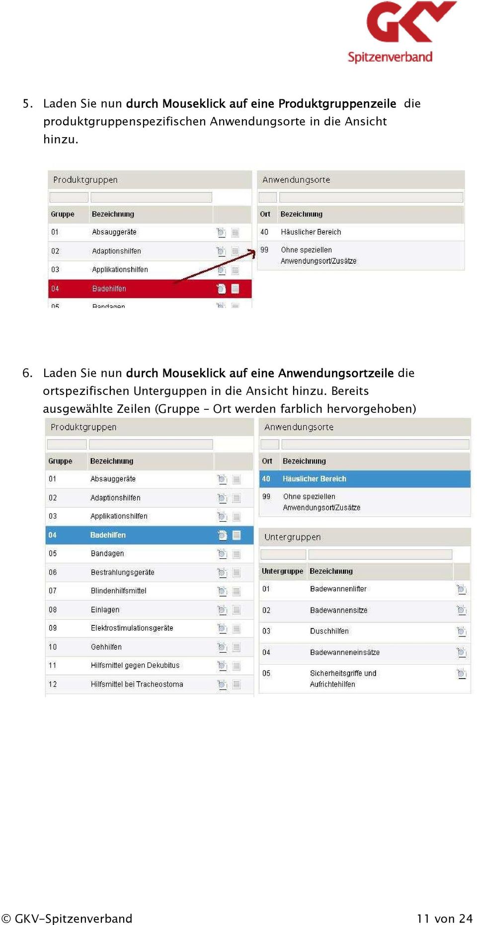 Laden Sie nun durch Mouseklick auf eine Anwendungsortzeile die ortspezifischen