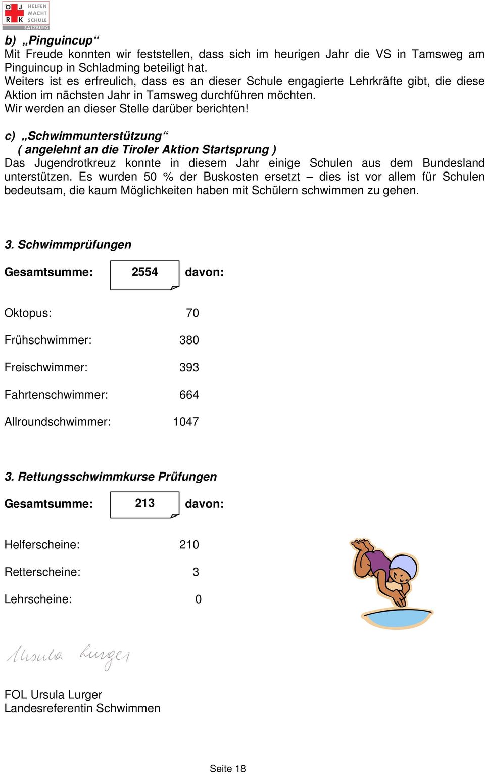 c) Schwimmunterstützung ( angelehnt an die Tiroler Aktion Startsprung ) Das Jugendrotkreuz konnte in diesem Jahr einige Schulen aus dem Bundesland unterstützen.