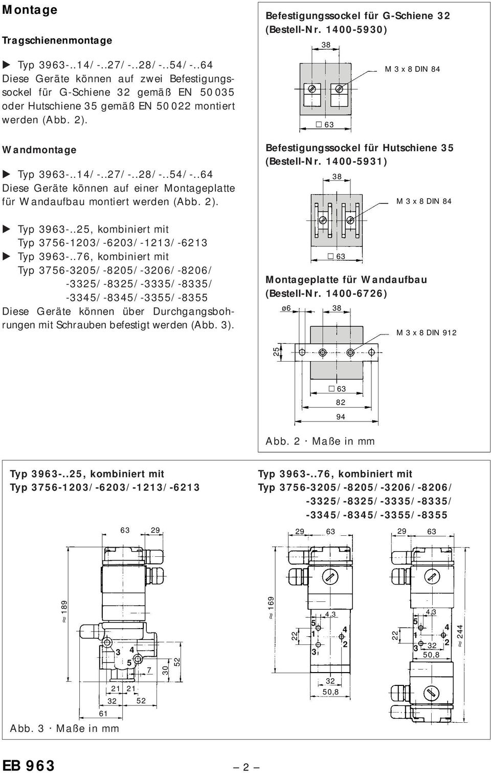 .4/-..27/-..28/-..4/-..64 Diese Geräte können auf einer Montageplatte für Wandaufbau montiert werden (Abb. 2). Typ 3963-.