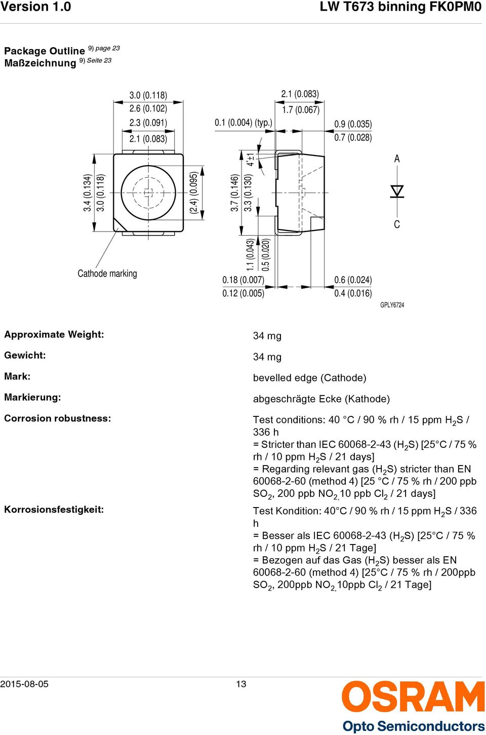 16) C GPLY6724 Approximate Weight: 34 mg Gewicht: 34 mg Mark: Markierung: bevelled edge (Cathode) abgeschrägte Ecke (Kathode) Corrosion robustness: Test conditions: 4 C / 9 % rh / 15 ppm H 2 S / 336