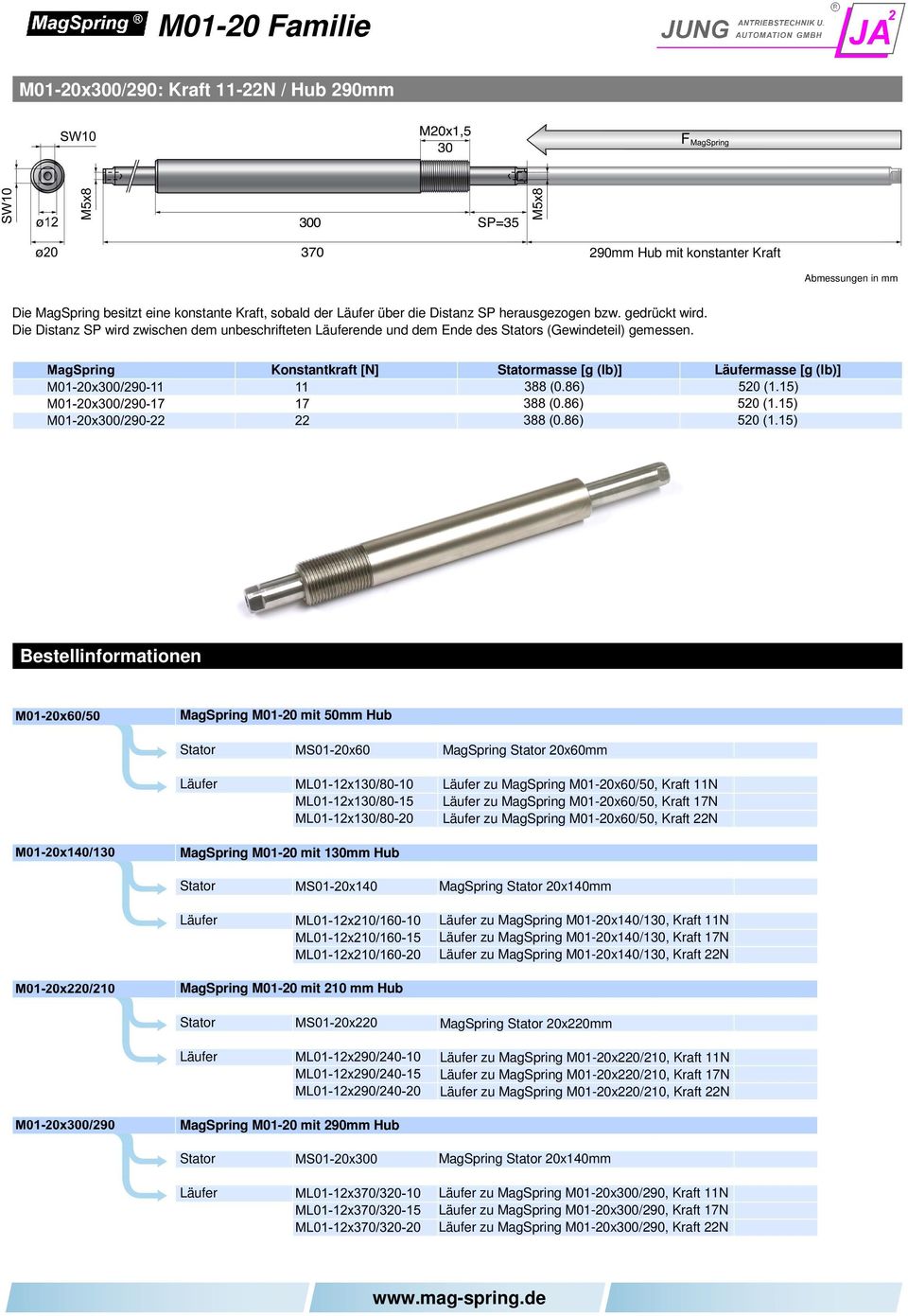 Konstantkraft [N] masse [g (lb)] masse [g (lb)] Bestellinformationen MagSpring M01-20 mit 50mm Hub MagSpring 20x60mm zu MagSpring M01-20x60/50, Kraft 11N zu MagSpring M01-20x60/50, Kraft 17N zu